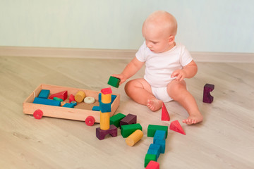 Cute little baby playing with colored wooden blocks