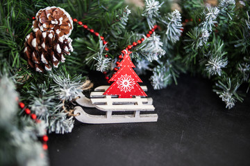 toys wooden sleigh with presents - preparation and New Year's Eve