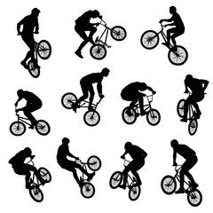 Set of 11 extreme BMX tricks isolated silhouettes