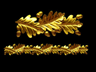 golden, ornamental segment, “oak leaf", straight version for frieze, frame or border. 3d illustration, separated on black