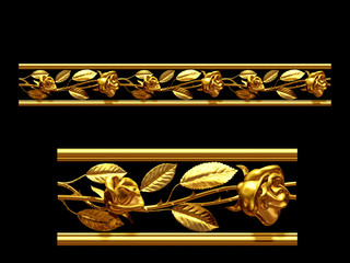 golden, ornamental segment, &ldquo;roses", straight version for frieze, frame or border. 3d illustration, separated on black