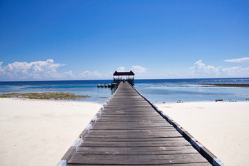 Fototapeta premium white sand and wooden pier in exotic seascape