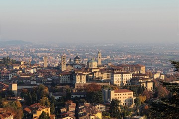 Bergamo, Italy. View of old town, Città Alta, from San Vigilio hill.