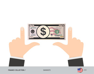 50 US Dollar Banknote. Business hands measuring banknote. Flat style vector illustration. Business finance concept.