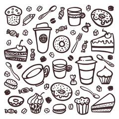 Monochrome Coffee set. Doodle style set of coffee tableware and sweet snacks. Exellent for menu design and cafe decoration. collection of coffee tableware and snacks. Cartoon style vector illustration