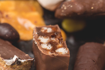 Chocolate cake candy bar closeup