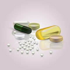 Realistic 3d pills. Pharmacy, antibiotic, vitamins, tablet, capsule. Medicine. Vector illustration of the Tablets and Drugs.