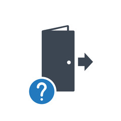 Exit icon, emergency, escape, evacuation concept icon with question mark. Exit icon and help, how to, info, query symbol