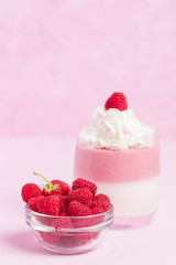 Raspberry panna cotta decorated with cream and ripe berry on pastel pink background.