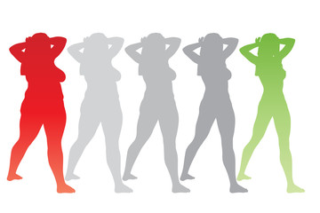 Conceptual fat overweight obese female vs slim fit healthy body after weight loss or diet with muscles thin young woman isolated. Fitness, nutrition or fatness obesity, health silhouette shape
