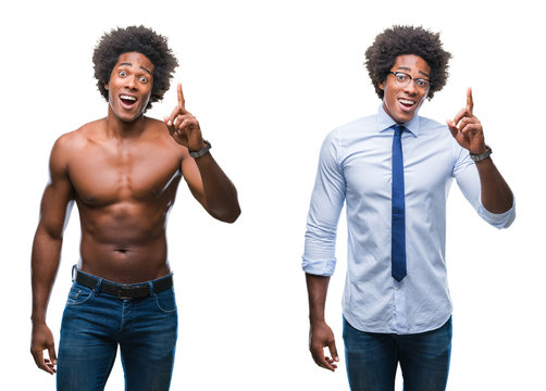 Collage of african american shirtless and business man over isolated background pointing finger up with successful idea. Exited and happy. Number one.