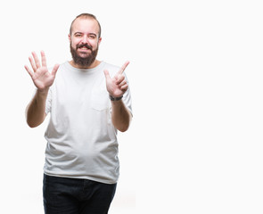 Fototapeta premium Young caucasian hipster man wearing casual t-shirt over isolated background showing and pointing up with fingers number seven while smiling confident and happy.