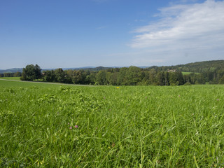Paysages de Bavière. Vues sur les collines, prairies verdoyantes et pâturages autour du village de Hundham dans la vallée du Leitzach au pied du Schwarzenberg.