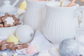 Marshmallow, cookies, meringues and different Christmas decorations