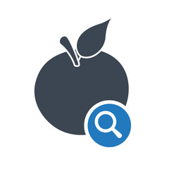 Apple icon, nutrition icon with research sign. Apple icon and explore, find, inspect symbol. Vector illustration