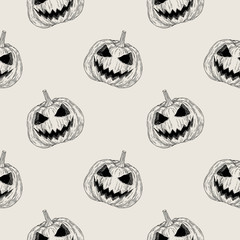Vector seamless hand drawn vintage Halloween pattern with pumpkin. Creepy decoration for paper, textile, wrapping decoration, scrap-booking, t-shirt, cards.