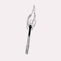 Vector hand drawn burning match. Graphic match with fire.