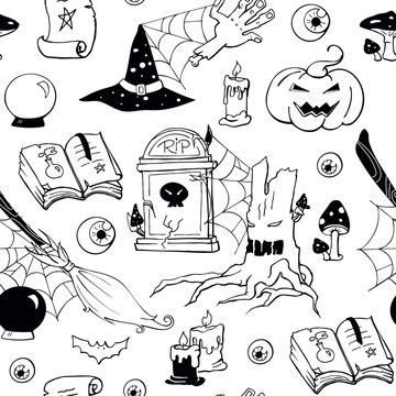 Halloween black and white doodle image set. Seamless halloween pattern. Vector hand drawn objects: zombie hand,  bat, potion, eyeball, scroll, crystal ball, magic book, broom, tombstone, scary tree.