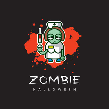 Zombie nurse image - vector cartoon character.
Graphic illustration of unusual nightmare girl on red blood spot - funny icon, original concept of Halloween.