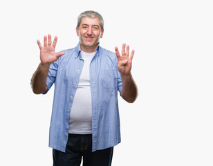 Handsome senior man over isolated background showing and pointing up with fingers number nine while smiling confident and happy.