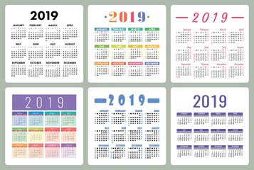 Calendar 2019. Colorful set. Week starts on Sunday. Basic grid