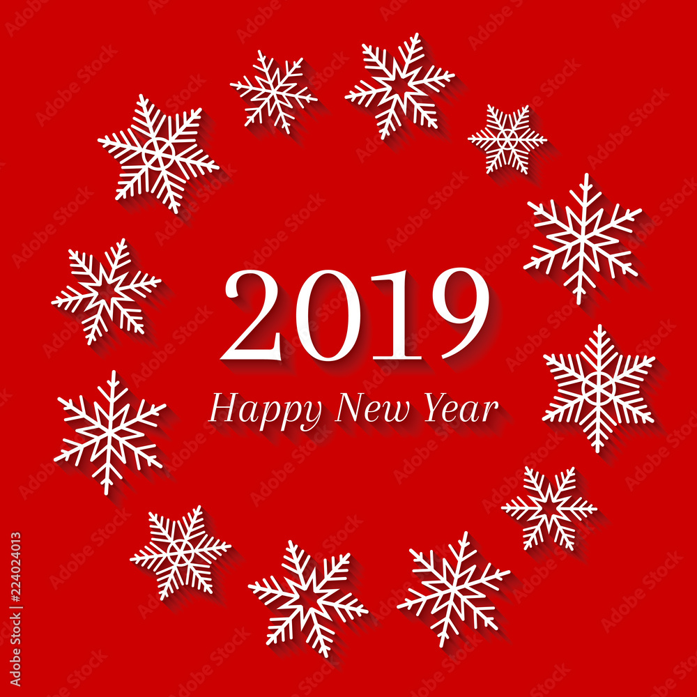 Poster 2019 and Happy New Year concept with white snowflakes. Abstract and festive greeting card design on red background. 