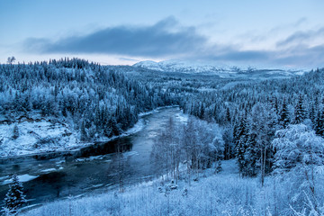 Norway, snow trees and a river