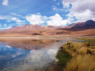 Landscape of the Altiplano, Bolivia, with andean mountains reflecting on the surface of a lake