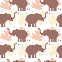 cute seamless vector pattern background illustration with elephants and tropical exotic leaves