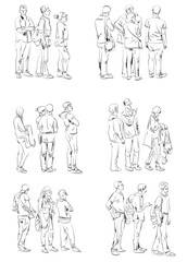 Fototapeta na wymiar People staying in queue. Silhouettes of people, sketch