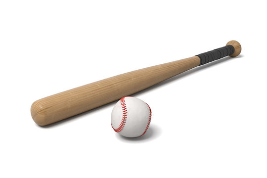 3d rendering of a wooden baseball bat with black wrap on the handle lying near a white leather ball.