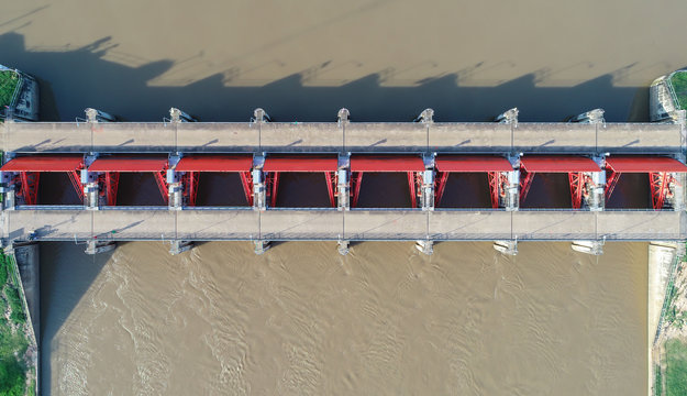 top view from drone camera : Spillway of a hydro electric dam.
Environment of the dam.