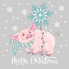Cute pig on Christmas and new year background. Vector illustration.