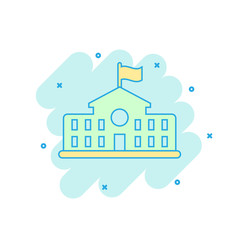 Cartoon colored school building icon in comic style. College education illustration pictogram. Bank, government splash business concept.