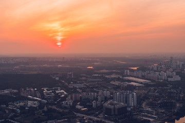 Aerial view panorama of  Moscow city at sunset