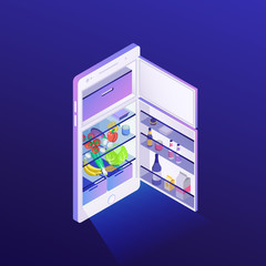  Isometric illustration concept for grocery delivery, online ordering of food with smartphone. Vector illustration 