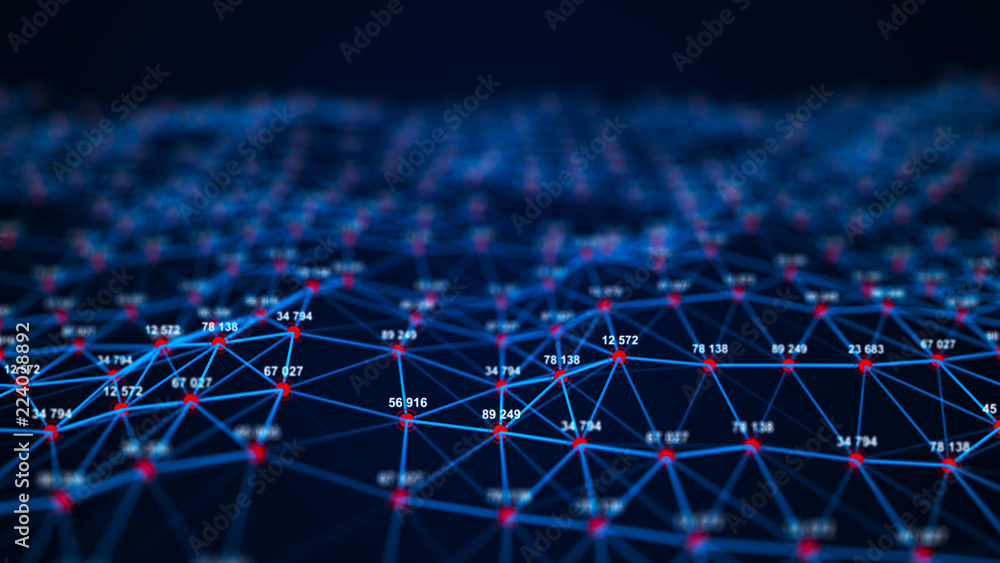 Poster Big data visualization. Technology block chain concept. Futuristic infographic. 3D Rendering. Network connection.