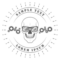 Logo. Skull in glasses. On white background for your design. Gears, nuts. Car service, workshop. 10 eps