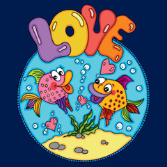 Two loving fishes swim in round sea  background
