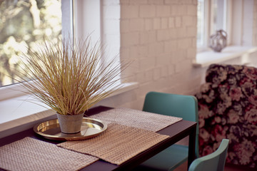 The kitchen and dining room in a modern apartment. Kitchen area in studio apartments. © Aleks Kend