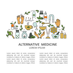 Big set of symbols of alternative medicine. Modern thin line icons collection, flat style. Vector background, colorful elements group. Illustration with medical icon, logo design. Place for text here - 224031492
