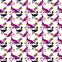 Witch in purple dress on broom. Repeating seamless pattern. Suitable for Halloween.