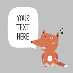 Hand drawn illustration, happy fox and place for your text here. Colorful background vector. Poster design with animal and english text. Animal who speak, card. Decorative backdrop, good for printing