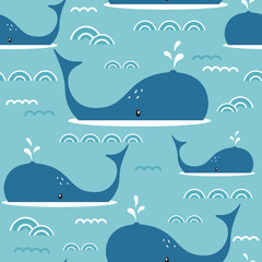 Whales, hand drawn seamless pattern. Marine background vector. Colorful illustration, overlapping backdrop. Decorative cute wallpaper, good for printing - obrazy, fototapety, plakaty