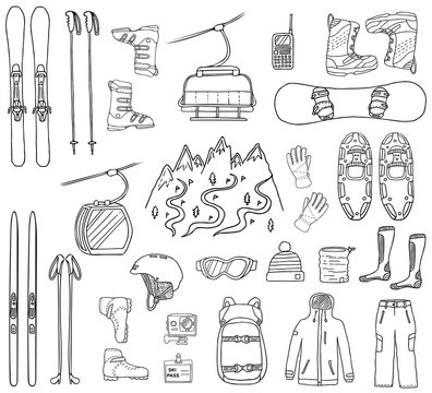 Set of ski and snowboard hand-drawn icons isolated on white background. Doodle sport clothes, accessories and equipment. Black and white sketched vector illustration