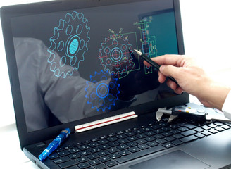engineer working on computer at mechanical piece design cad blueprint - obrazy, fototapety, plakaty