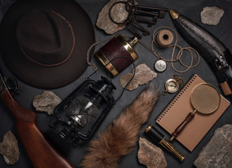 Flat lay with wild west vintage objects. Exploration, adventure concept.