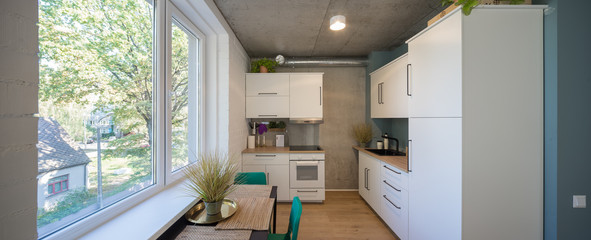 The kitchen and dining room in a modern apartment. Kitchen area in studio apartments. © Aleks Kend