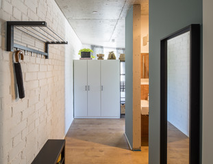 Entrance hall and corridor in a modern apartment. Entrance hall and entrance door to studio apartments.
