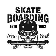 Skull with skate deck in teeth vector emblem